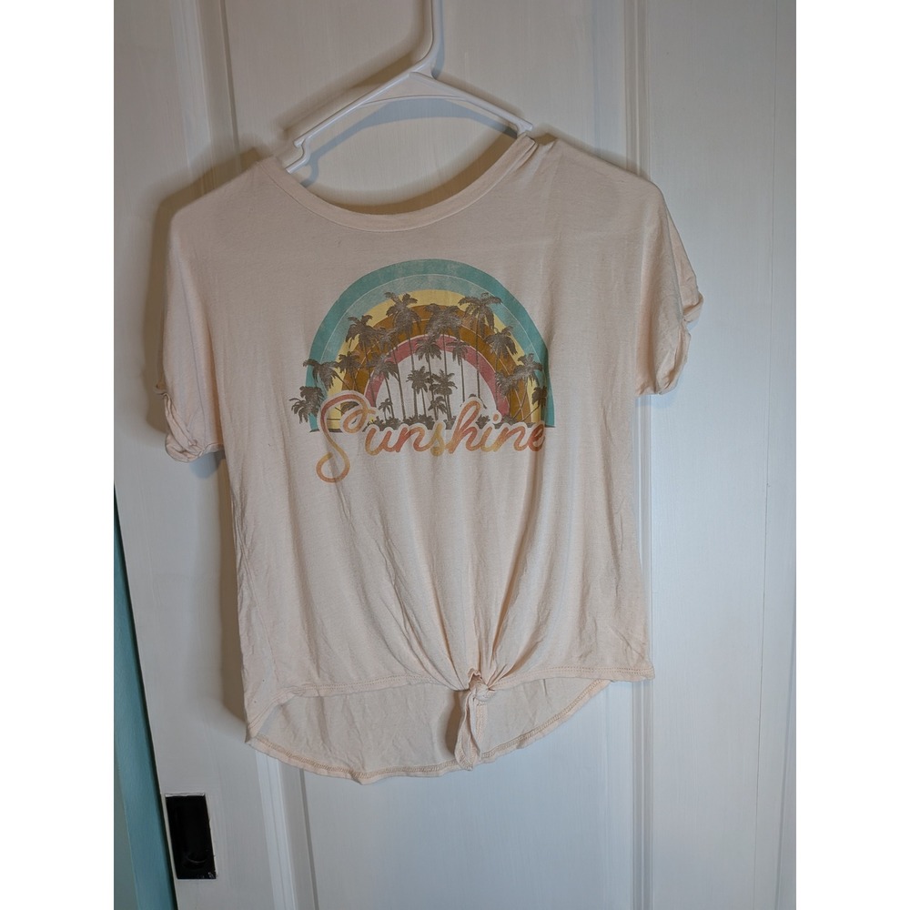Sunset West Peach Sunshine Rainbow Palm Tree Graphic Tie Front Tee Large L